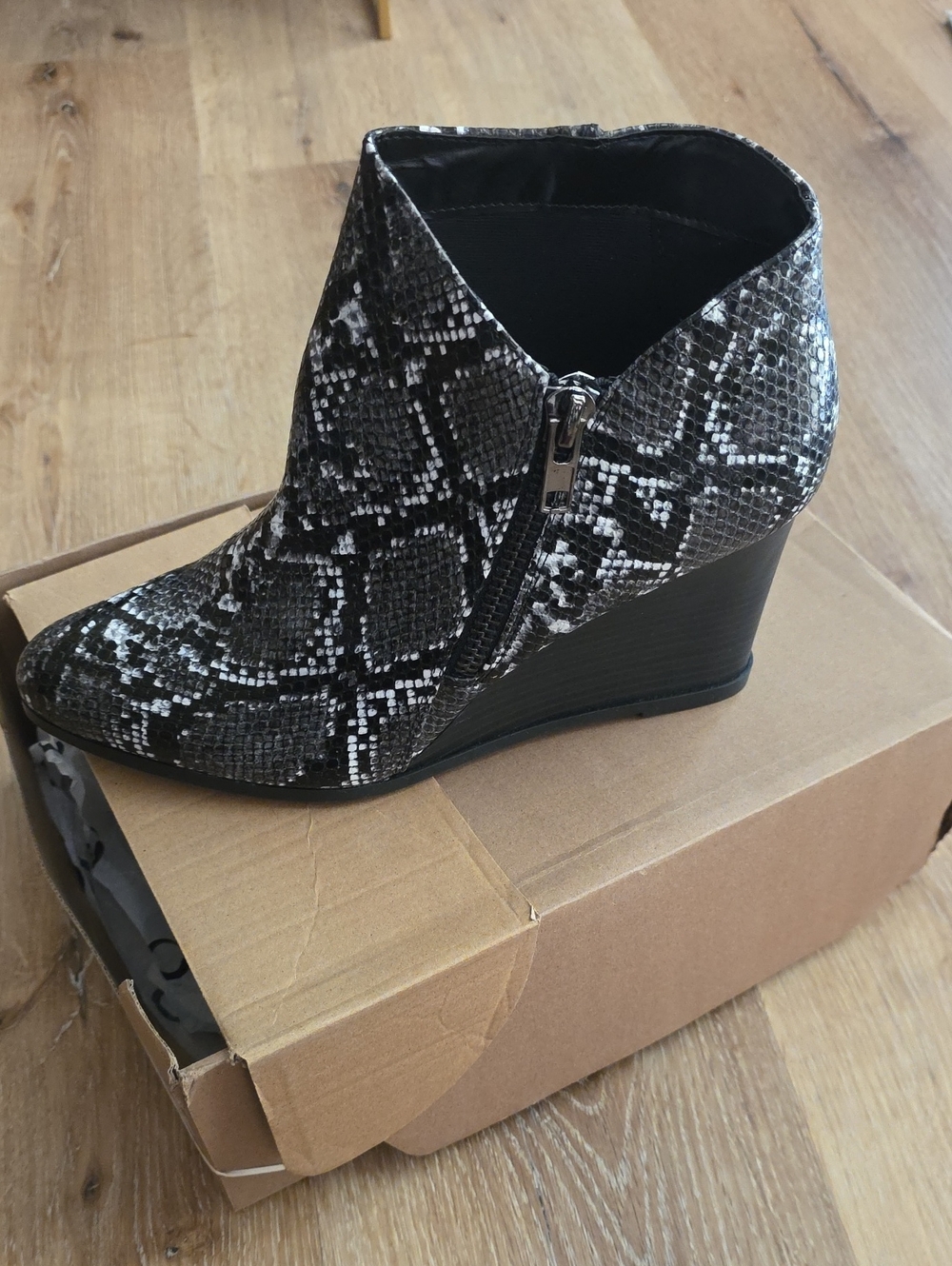 Journee Collection Black and White Snake-Print Wedge Ankle Bootie